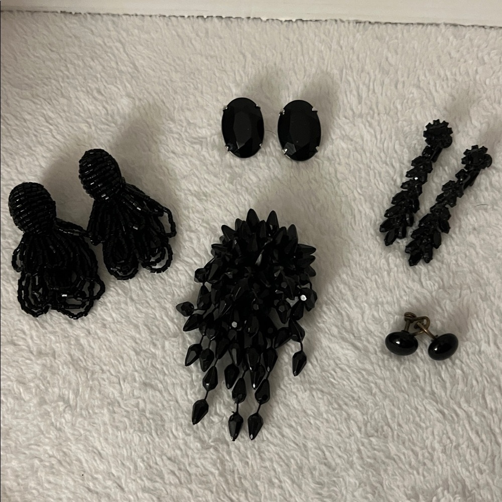 Elegant Black Beaded Brooch and 4 sets of Clip/Twist-on Earrings